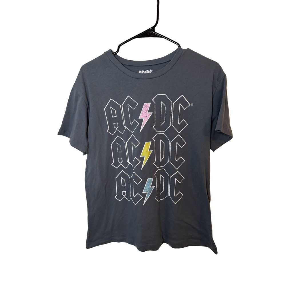 ACDC Graphic Tee Charcoal Gray Pink Yellow Blue Lightning Bolt Band Shirt Large
